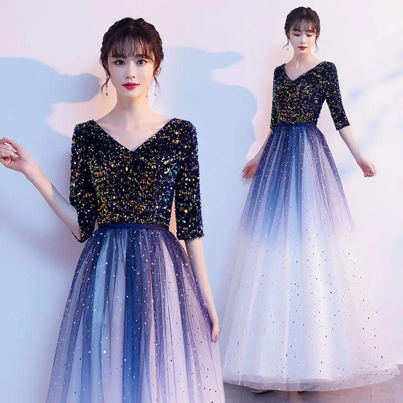 Red Sequin V-Neck 3/4 Sleeve Gradient Glitter Tulle A-Line Floor-Length Bridesmaid Dress Formal Evening Gown