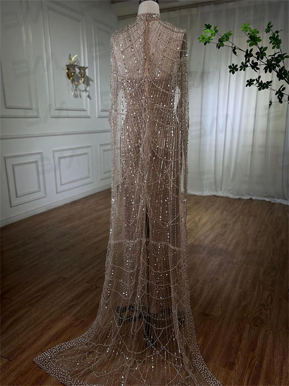 Arabic Formal Dress For Women With Luxury Handmade Beads Real Photo High Neck Cape Caftan Mermaid Prom Dresses Party Gown