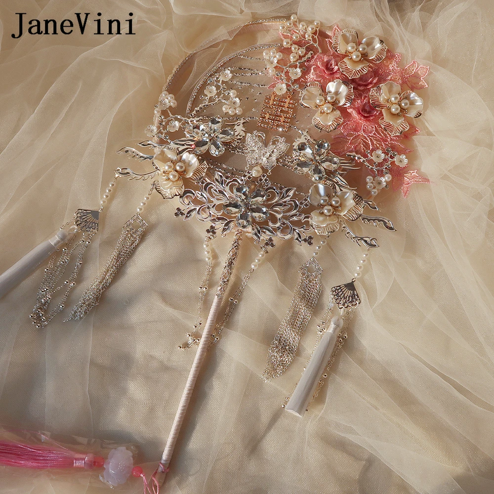 JaneVini Luxury Silver Jewelry Bridal Hand Fan Pearl Pink Lace Applique Chinese Bride Hanfu Fan Type Wedding Bouquet Accessories