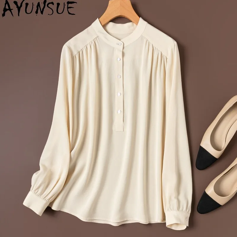 

AYUNSUE 100% Silk Women's Blouses and Shirts Long Sleeve Tops for Woman Solid Color Blouse Femme Spring Woman Clothes Ropa Mujer