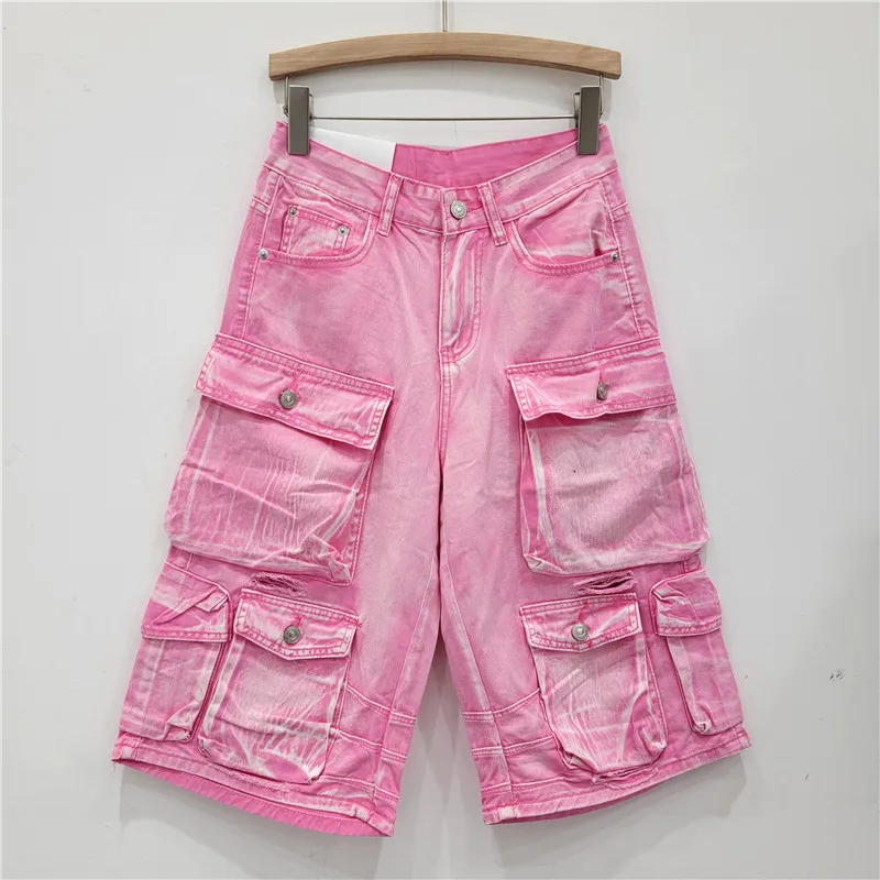 High Street Heavy Industry Multi-pocket Ripped Washed Denim Shorts Women Spring  Summer Loose Cropped Overalls Women Shorts