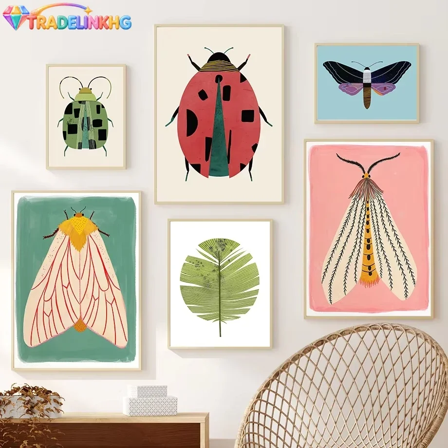 Butterfly Wall Art Ladybug Tiger Moth Beetle Feather Canvas Painting Nordic Poster Printing Wall Pictures Living Room Decorat