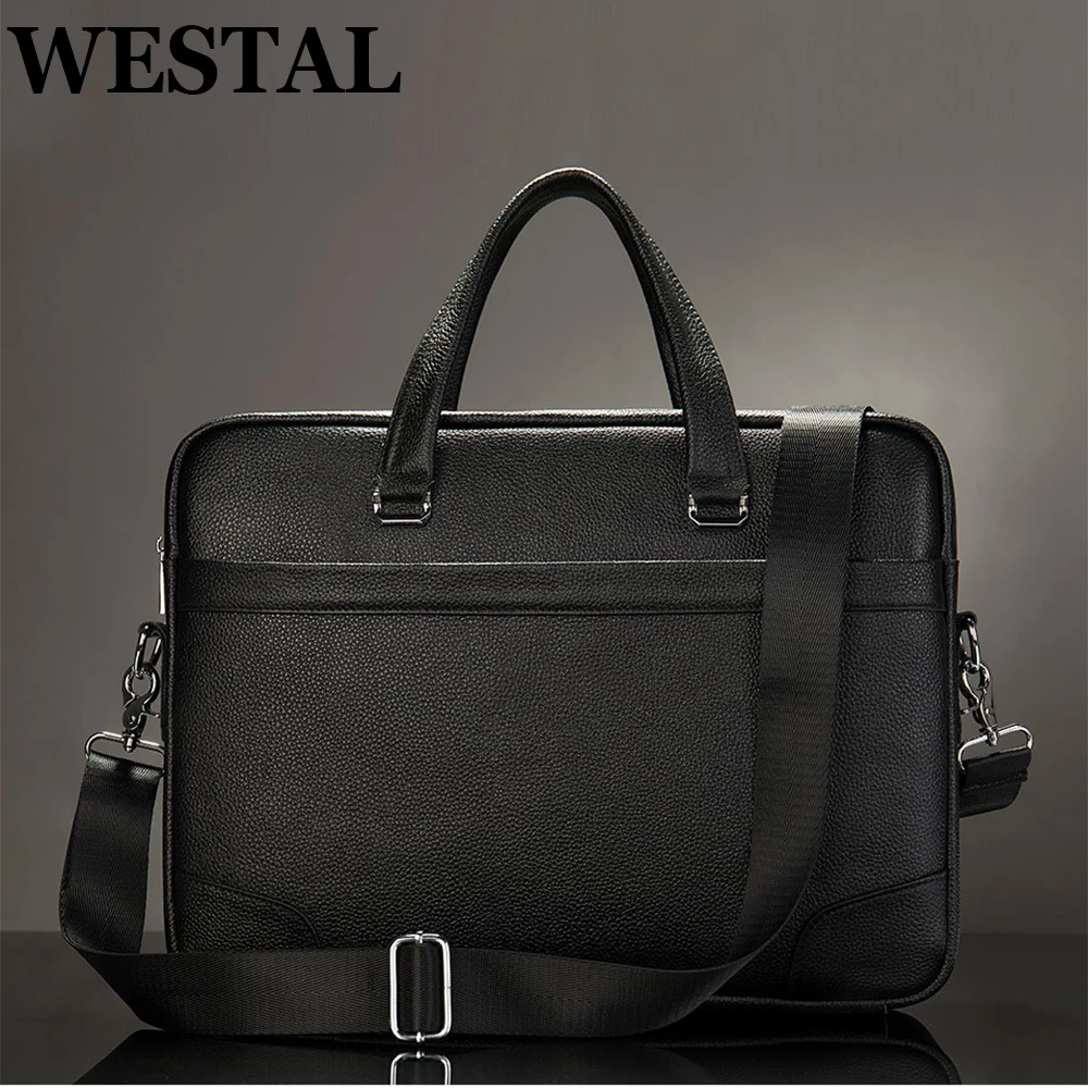 WESTAL Men\'s Leather Briefcase For Documents Genuine Leather 14 Inch Laptop Bag Shoulder Bags Men Leather Briefcases Totes 9082