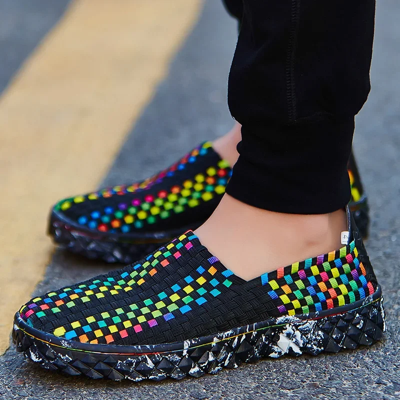 2023 Summer Women\'s Flats Fashion Elastic Band Weave Casual Shoes Slip on Breathable Sneakers Spring Men Loafers Plus Size 35-44