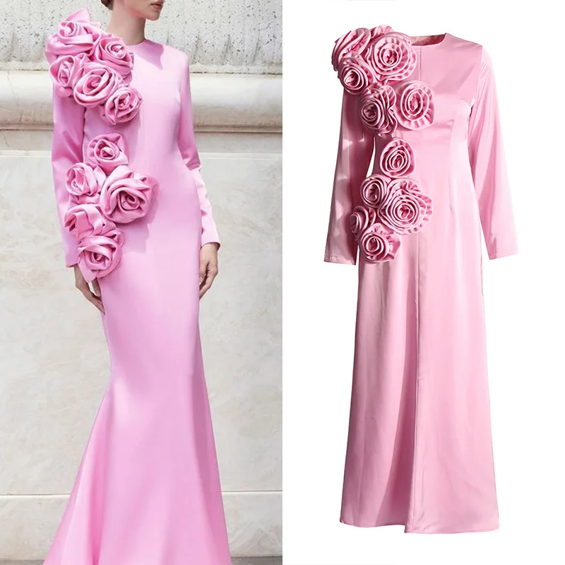 3D Rose Pink Long Party Women's Dress Super Soft high Quality Maxi Ramadan Traditional Style