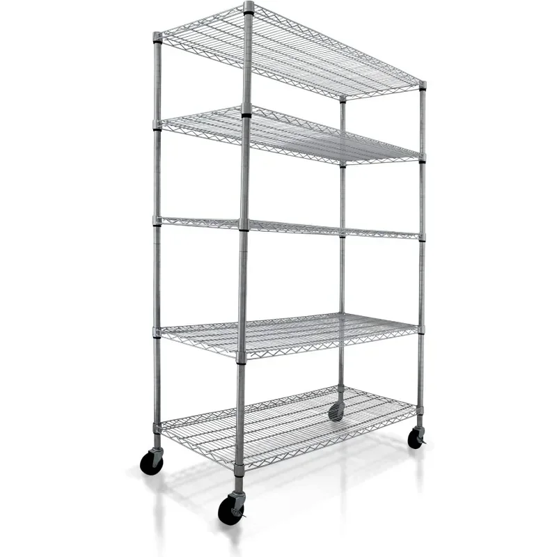 

Crescent, Chrome, 48 X 18 X 76, 4000 LBS, Metal Shelves for Storage with Wheels, Ideal for Garage Shelving, 5 Tier Wire Shelving