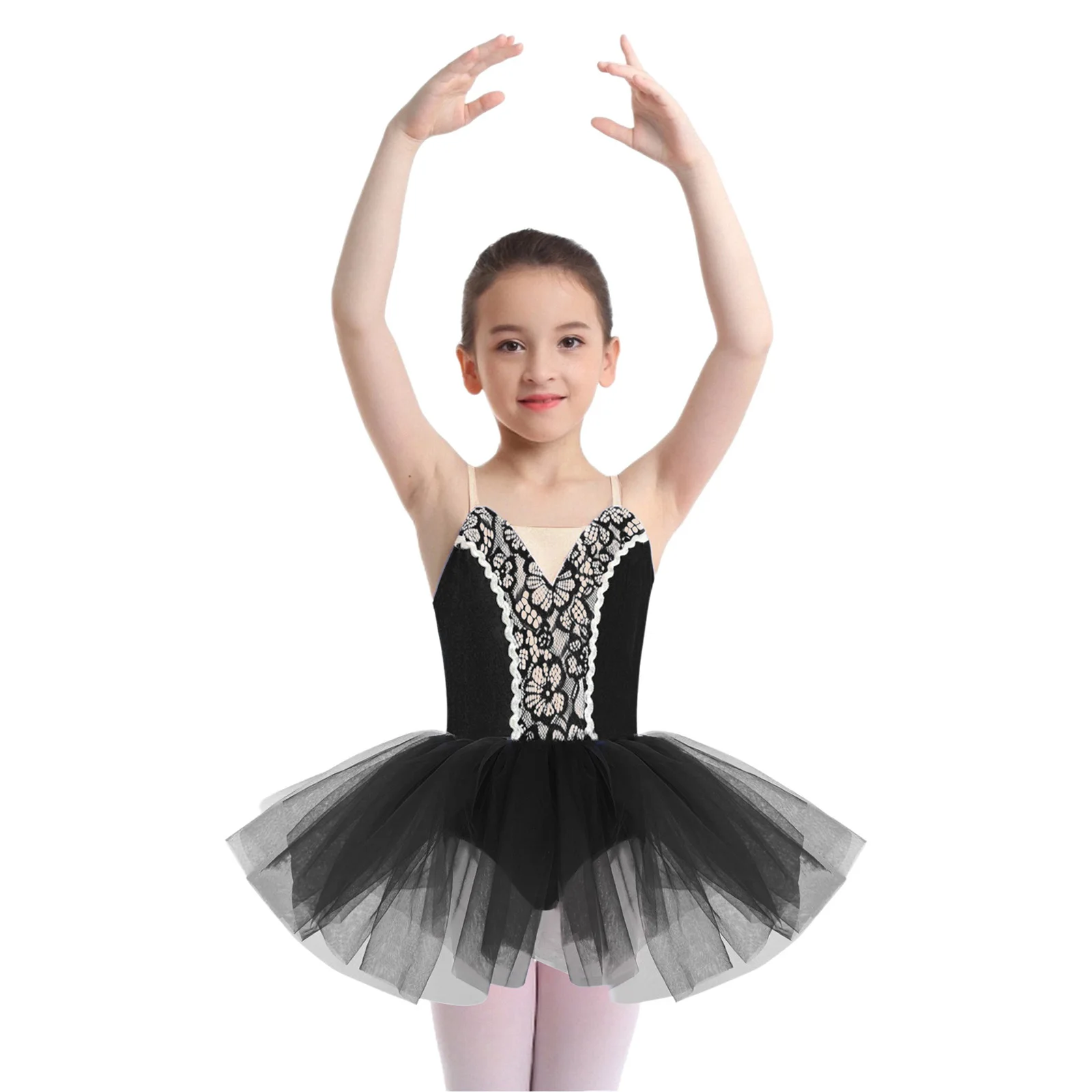 Abito da ballo per balletto per bambina, senza maniche, regolabile, con spalline sottili, in pizzo sul davanti, tutù, balletto, pattinaggio di figura, abbigliamento da ballo