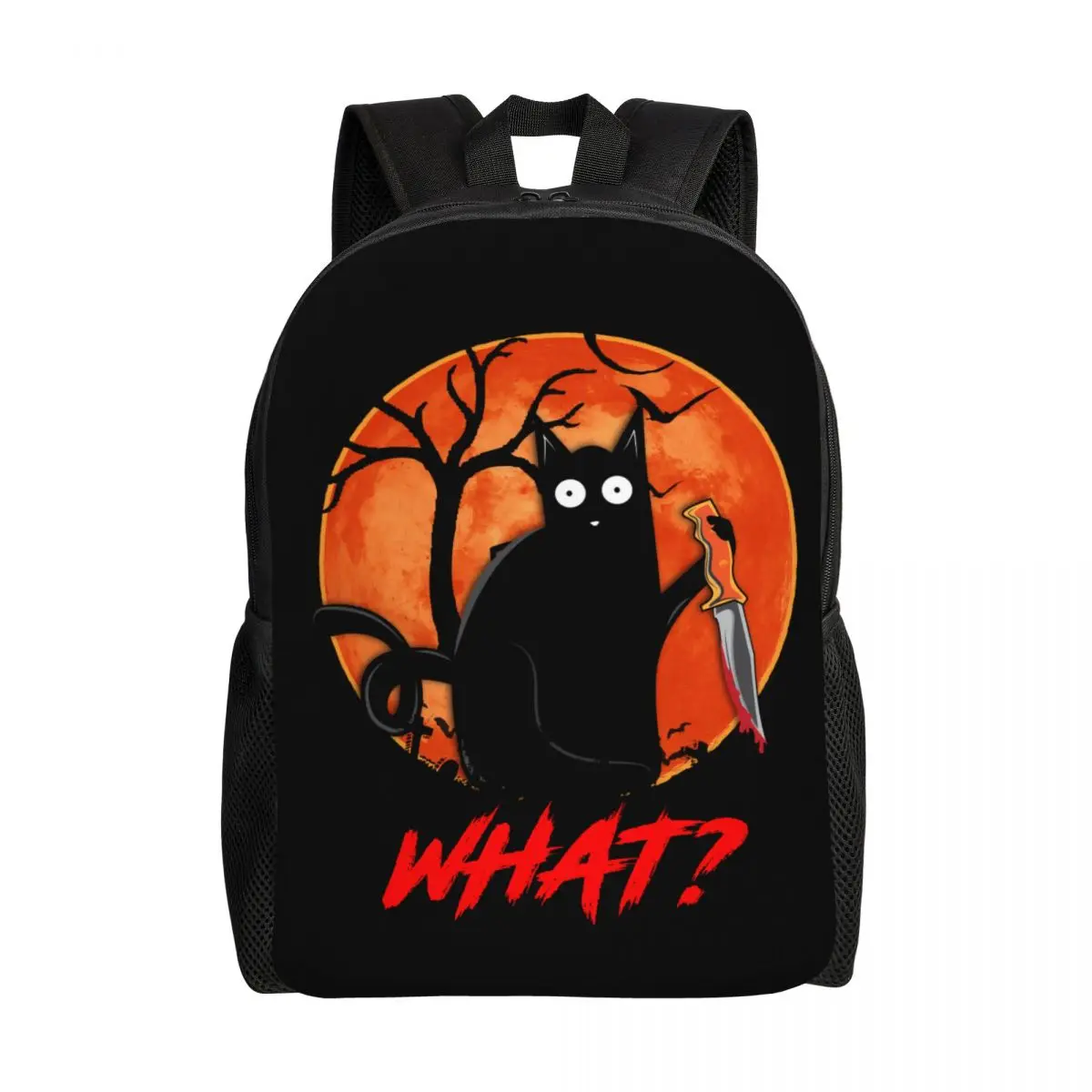 What Funny Black Cat Laptop Backpack Women Men Basic Bookbag for College School Student Murderous Cat With Knife Halloween Bags