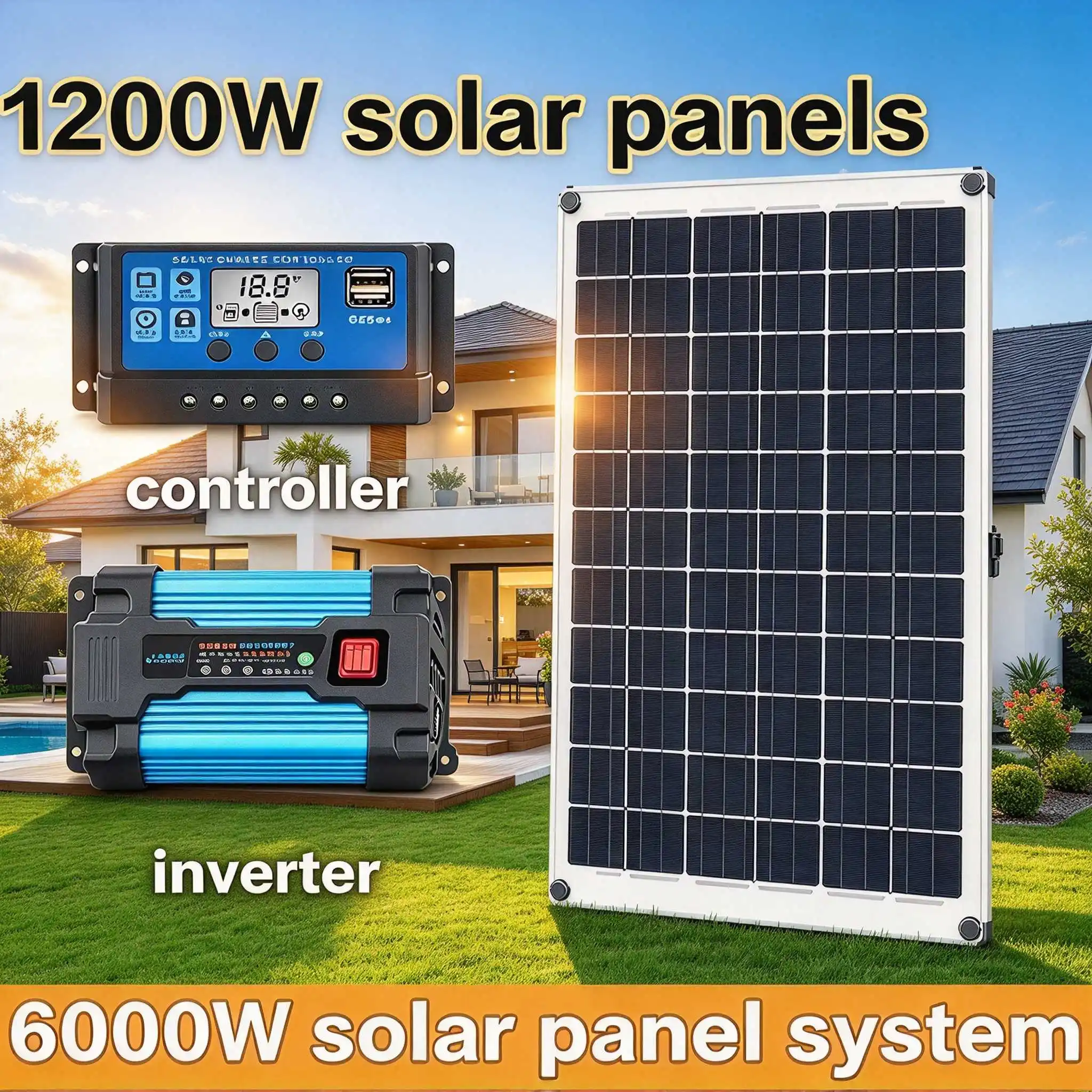 1200W Solar Panel Kit 6000W Solar Power System With Charge Controller Inverter For Home Outdoor Use
