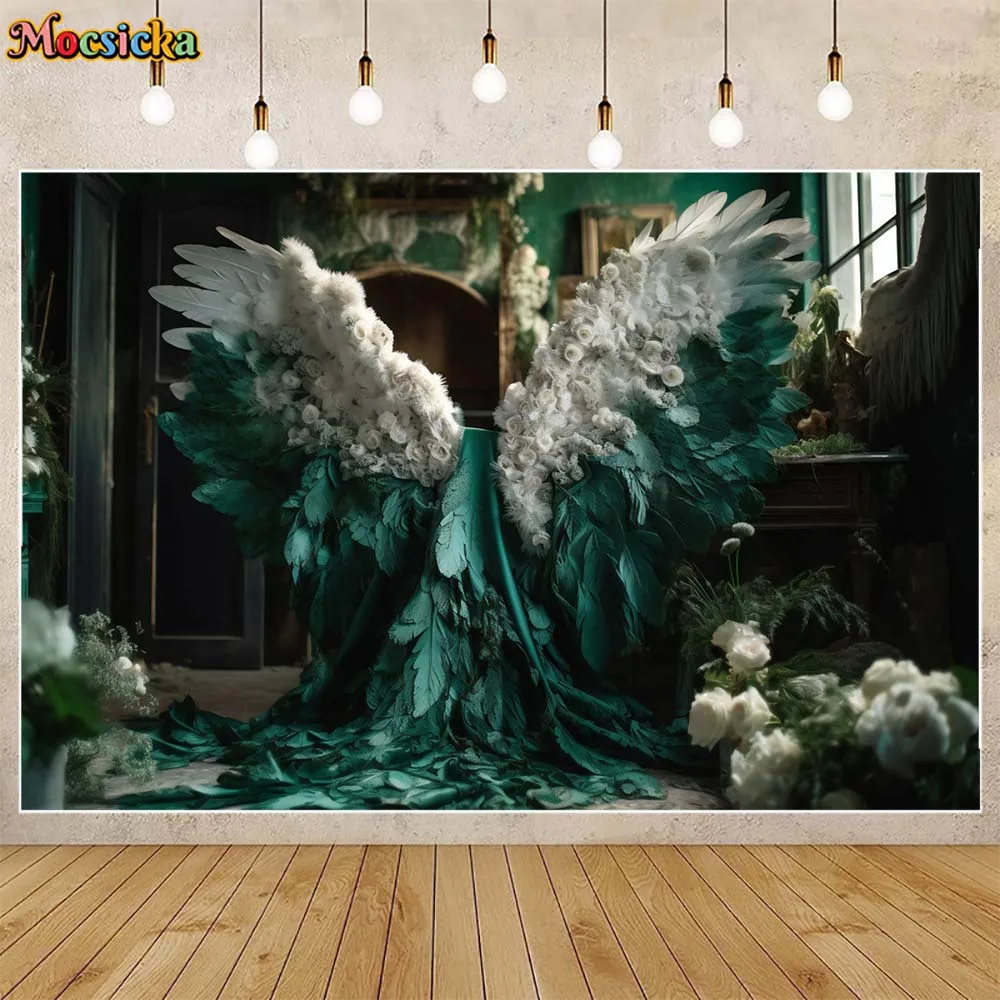 

Mocsicka Backdrop for Photography Floral Wings Green and White Feathers Maternity Photo Background Cinematic Scene Shooting Prop