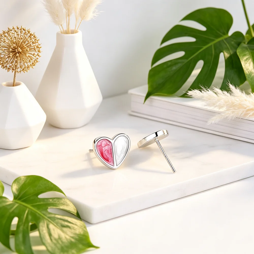 Double Color Heart Attractive Elegant Best Selling Women Fashion Simple 925 Sterling Silver Girl Stud Earrings Piercing