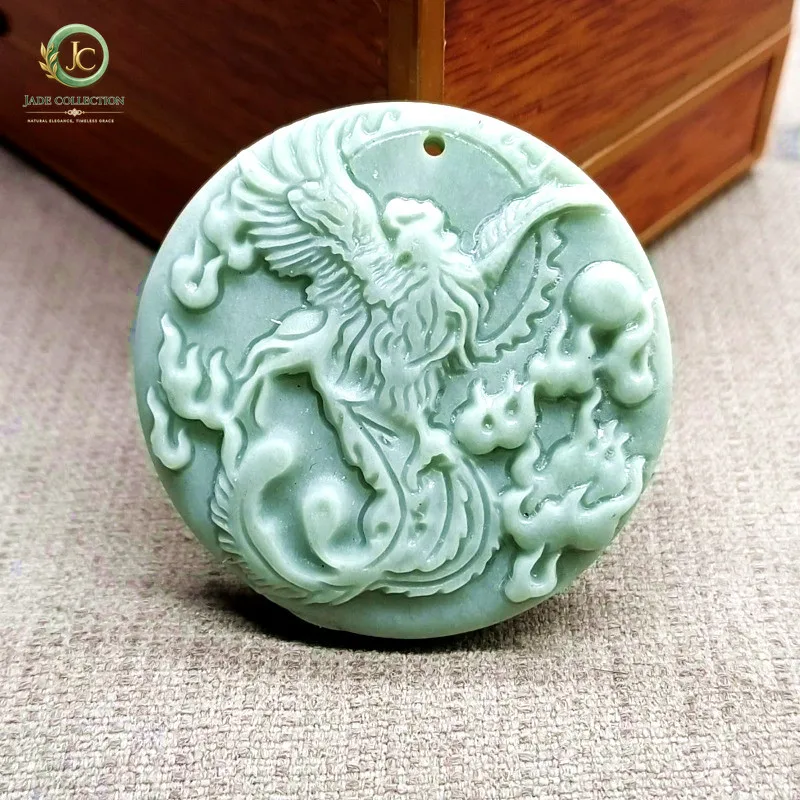 Light Green Jade Handmade Carved Phoenix Pendant,  Boutique Jewelry, Men's and Women's Phoenix Dance Nine Day Necklace