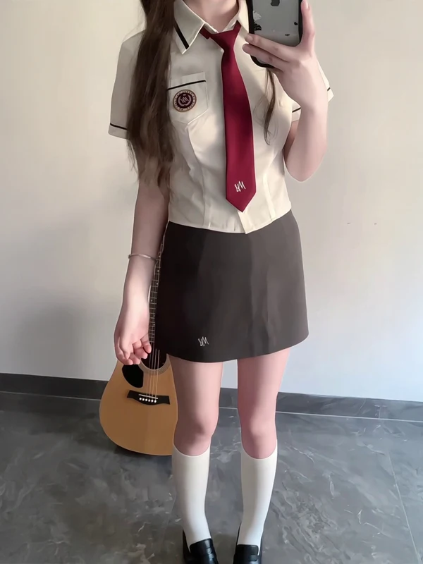 

Korean Style Uniform Short Sleeve JK Shirt Women's Fashion Set Summer 2025 Slim Fit Waist Cinched School Uniform Top
