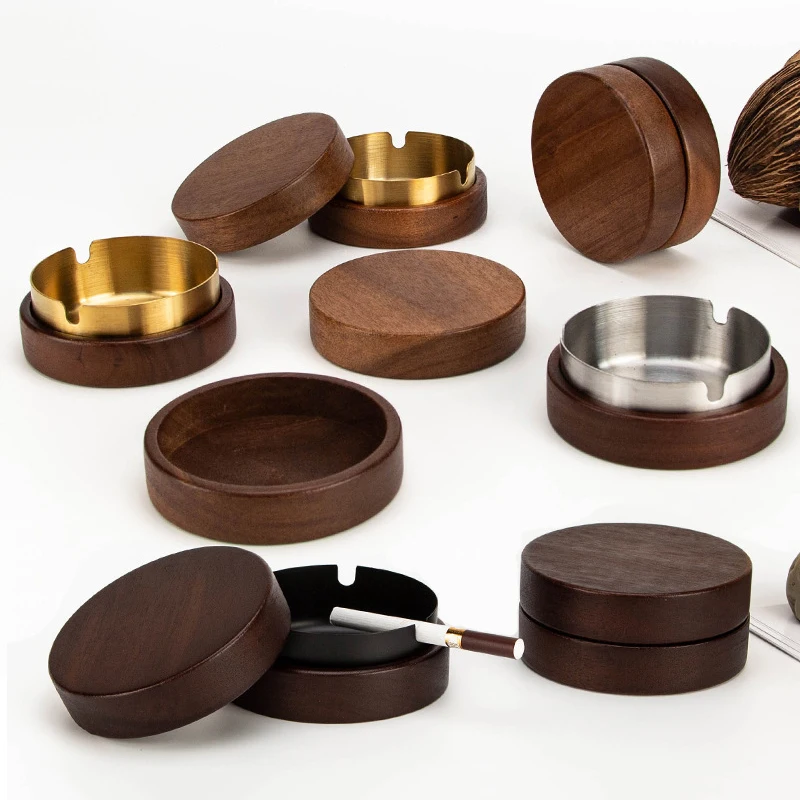 

2025 New Creative Advanced Wooden Ashtray Head Windproof Stainless Steel Smoking Windproof Ashtray Head Home Office Decoration