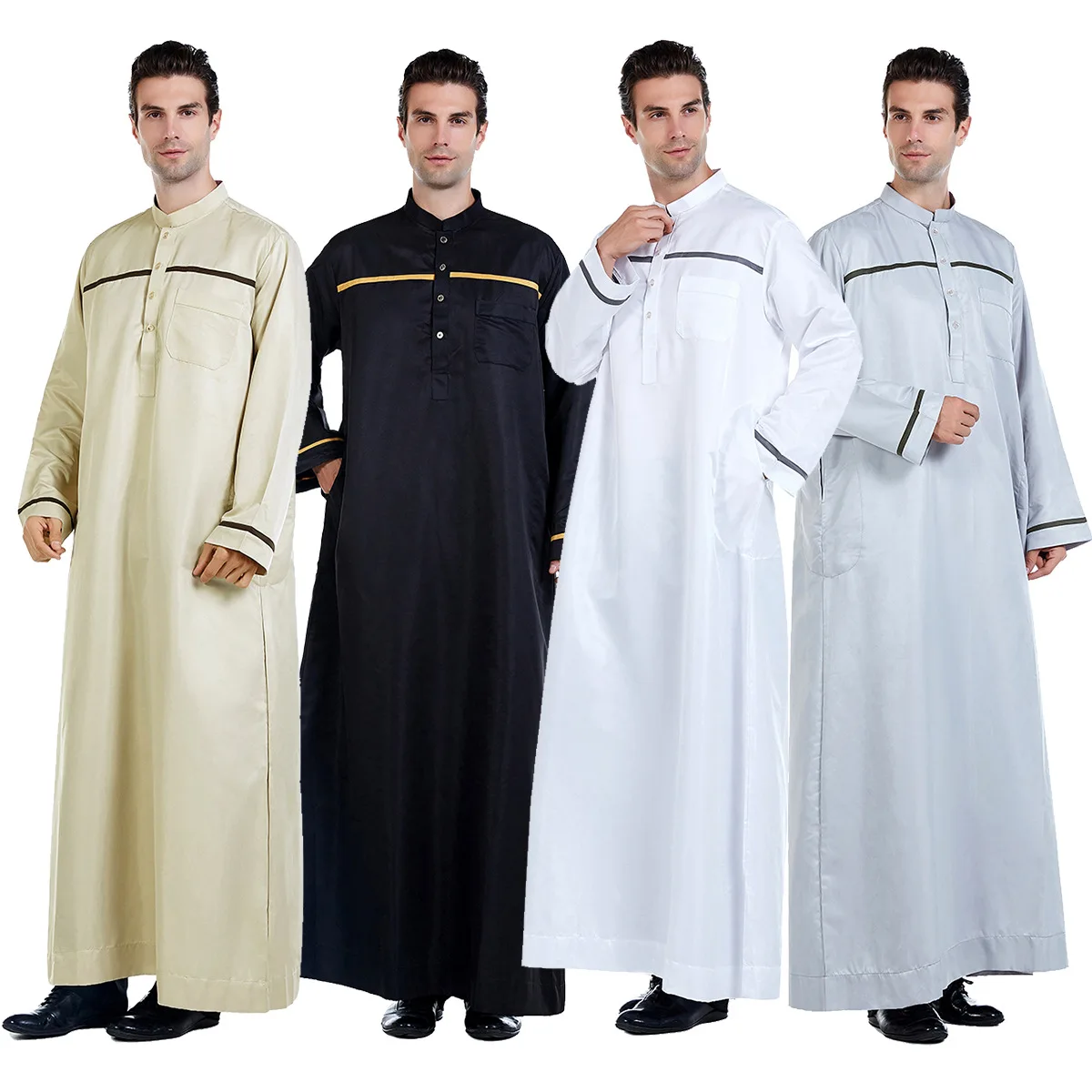 Men Traditional Long Robe Suit Gold Trim Elegant Kaftan Luxury Black Dress for Wedding Casual Events