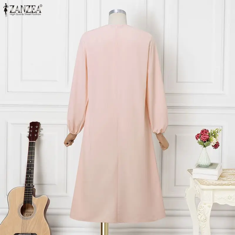 ZANZEA-vestido camisero largo para mujer, vestido veraniego liso con volantes de manga larga, moda de retazos con cuello redondo, Vestidos de fiesta, bata de gran tamaño 2026