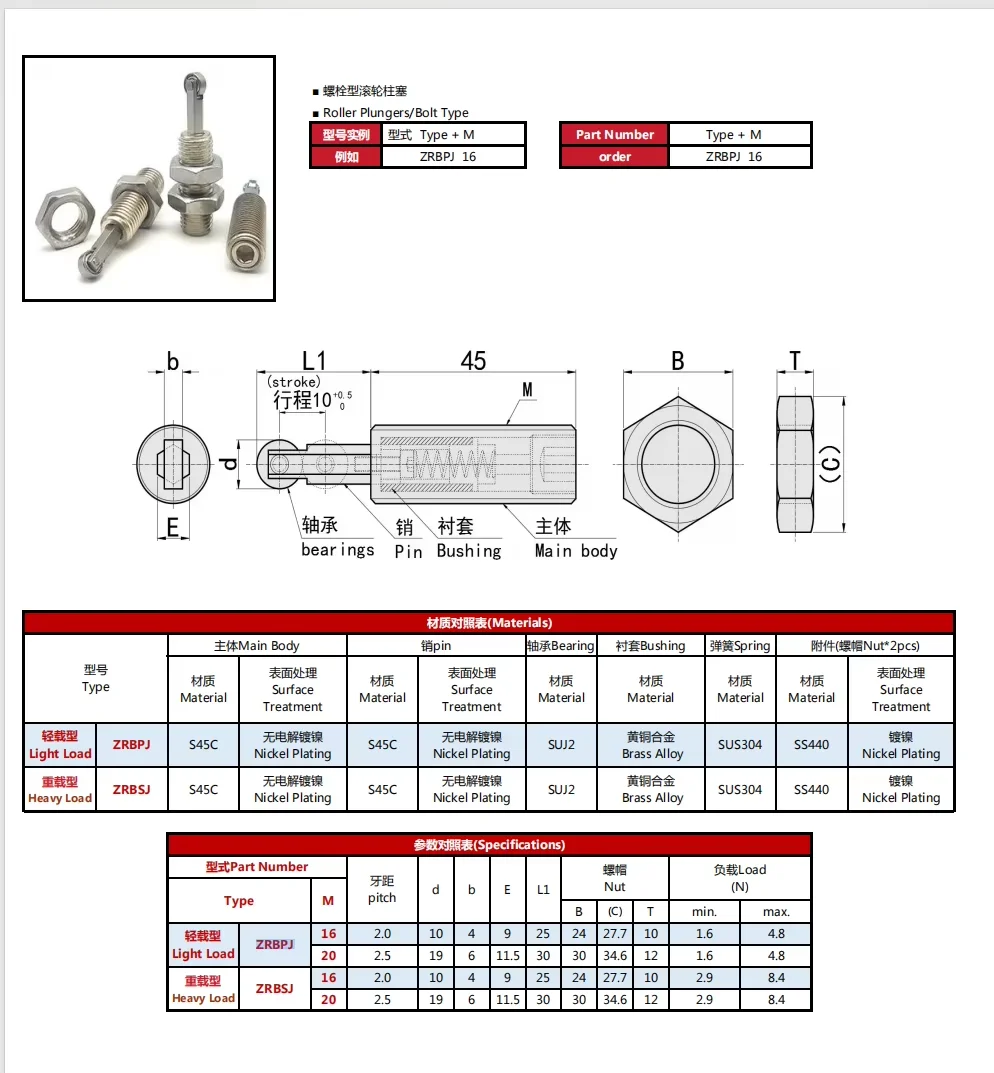 ZRBSJ Carbon Steel Bolt-Type Roller Spring Plunger Long Stroke Precision Locating Pin for Mold Fixture Automation Equipment