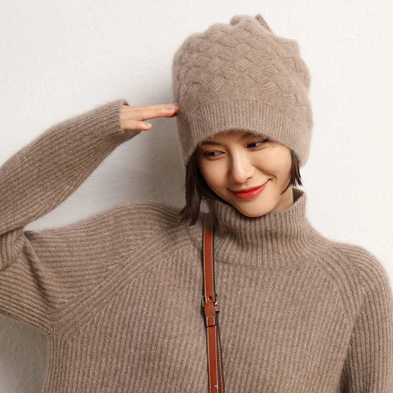 Women Winter 100% Cashmere Hat Warm Thick Ear  Protection Cap Female Solid Elegant Drawstring Cap All Matched High Quanlity