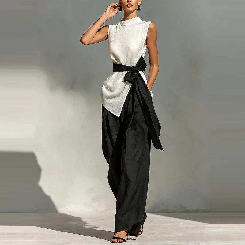 Summer New Women's Commuting Two Piece Fashion Color Blocked Sleeveless Vest Outfits Elegant O-neck Lace Up Tank Tops&Pants Sets
