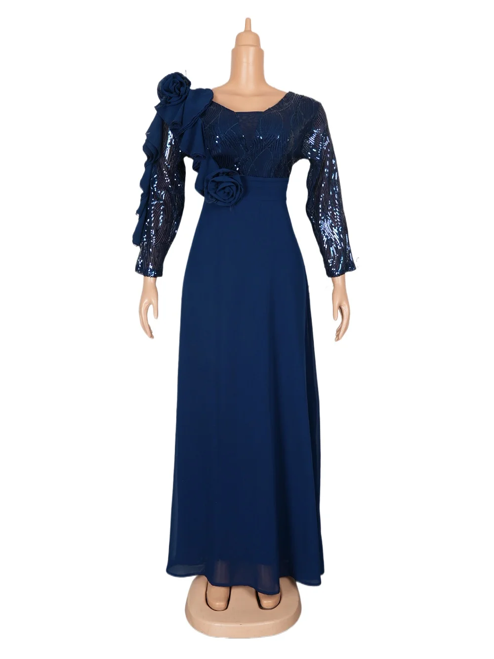 Elegant Double V-neck Ruffles Sequined Flower Chiffon Long Formal Evening Party Dress With Long Sleeves
