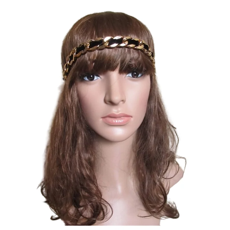 

Wholesale fashion golden chain elastic headbands with velvet cool style necklace and hair accessories color assorted