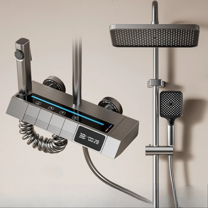 

Piano Button Shower Showerhead,atmosphere Light,digital Display,Bathroom,water Plating,bathroom Gun Ash,hot Cold Shower Head Set