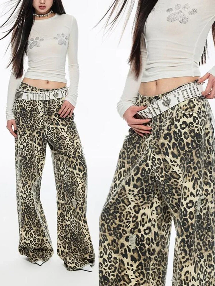 Pantalones vaqueros de leopardo para mujer, Jeans ajustados Retro Y2k, cintura alta, informales, sueltos y rectos, moda urbana