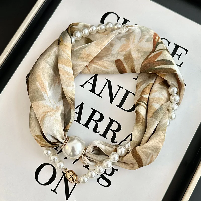Printed Silk Scarf with Magnetic Clasp Pearl Details for Women Spring Summer Lightweight Neckerchief Daily Wear