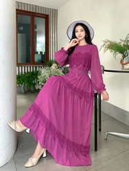 New Spring Autumn Women O-Neck Long Sleeve Belt Slim Long Dress High Quality Elegant Lace Patchwork Big Hem Chiffon Dress