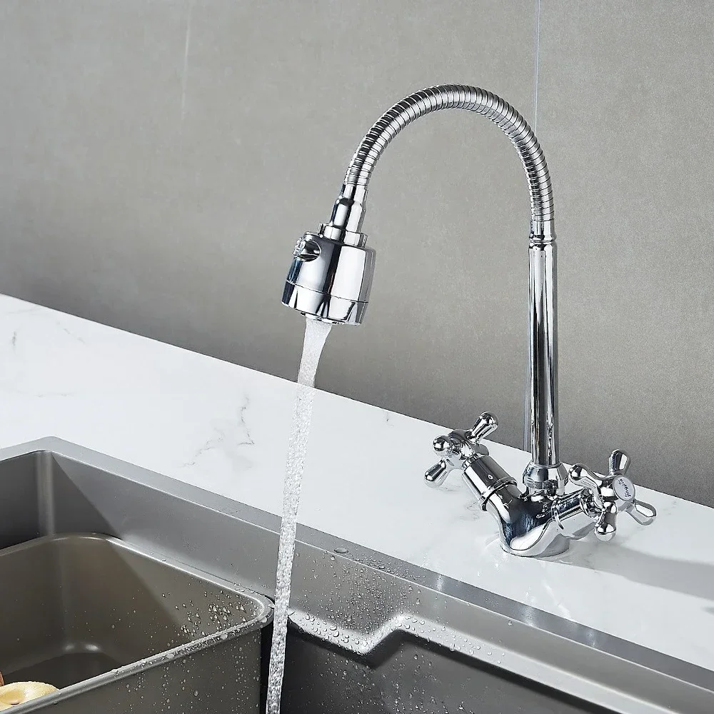 Basin Faucets Deck Mounted Double Handle Universal Rotation Kitchen Faucet Hot and Cold Water Tap Household Bathroom Faucet