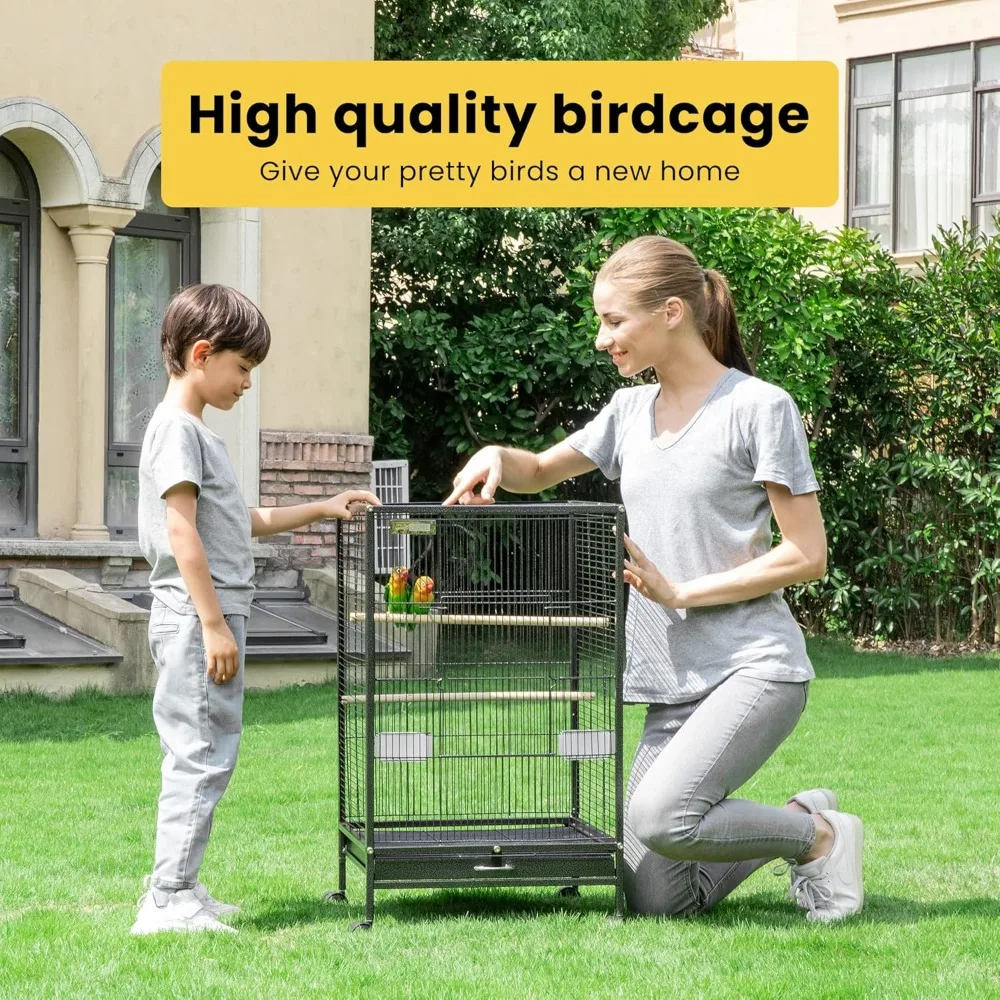 30 Inch High Forged Iron Birdcage with Rolling Bracket, Suitable for Cone Tailed Parrots, Cockatoos, Sparrow Birds, Black