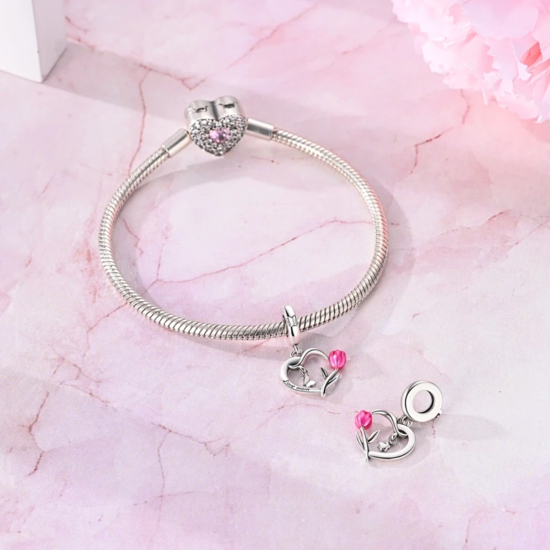 925 Sterling Silver Heart Carnation Charms Pendant Fit Original Bracelet DIY Women Anniversary Jewelry Gift