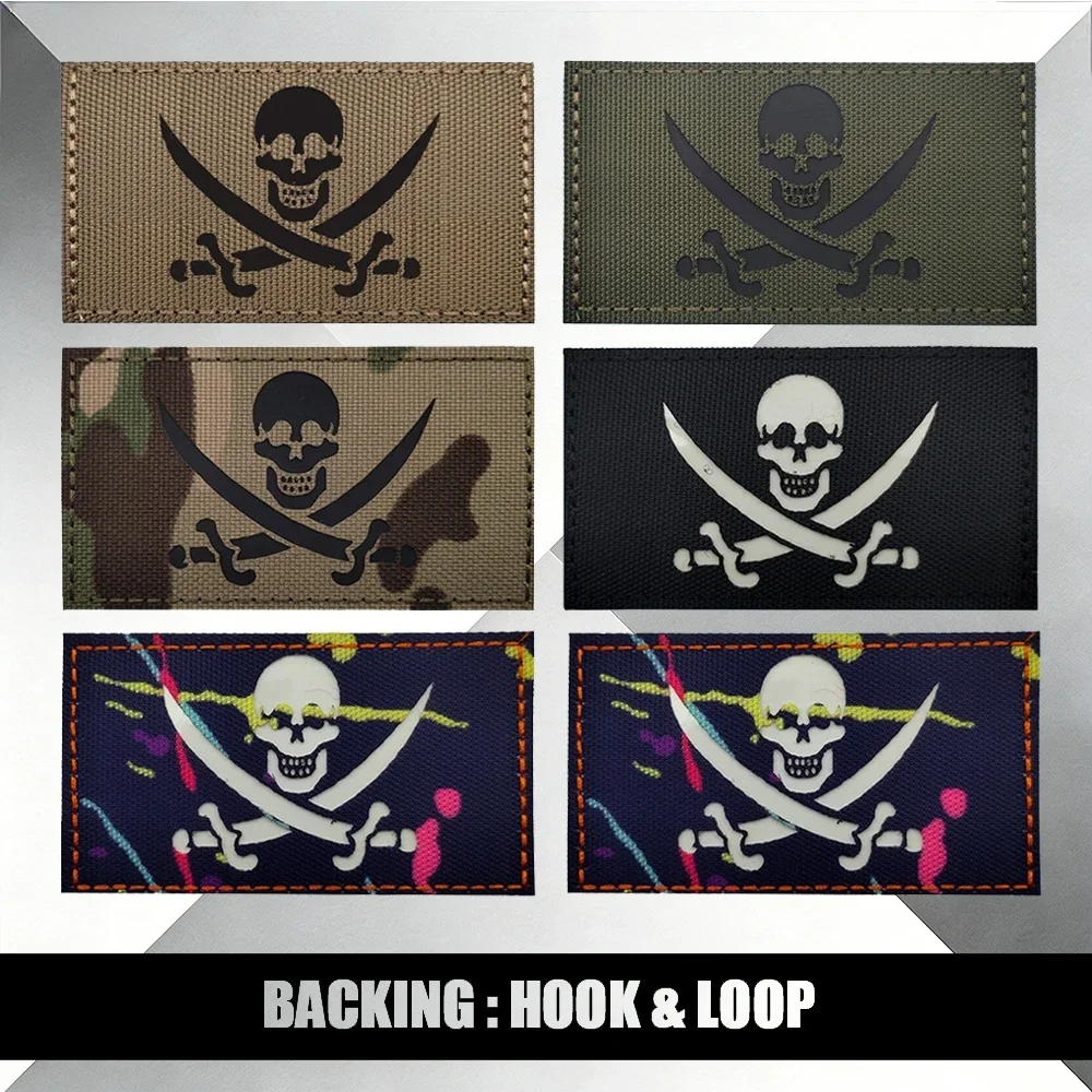 Pirate Flag Reflective IR Patches Romantic Skull Tactical Patches For Jacket Shoulder DIY Sew-on With Hook and Loop Backing