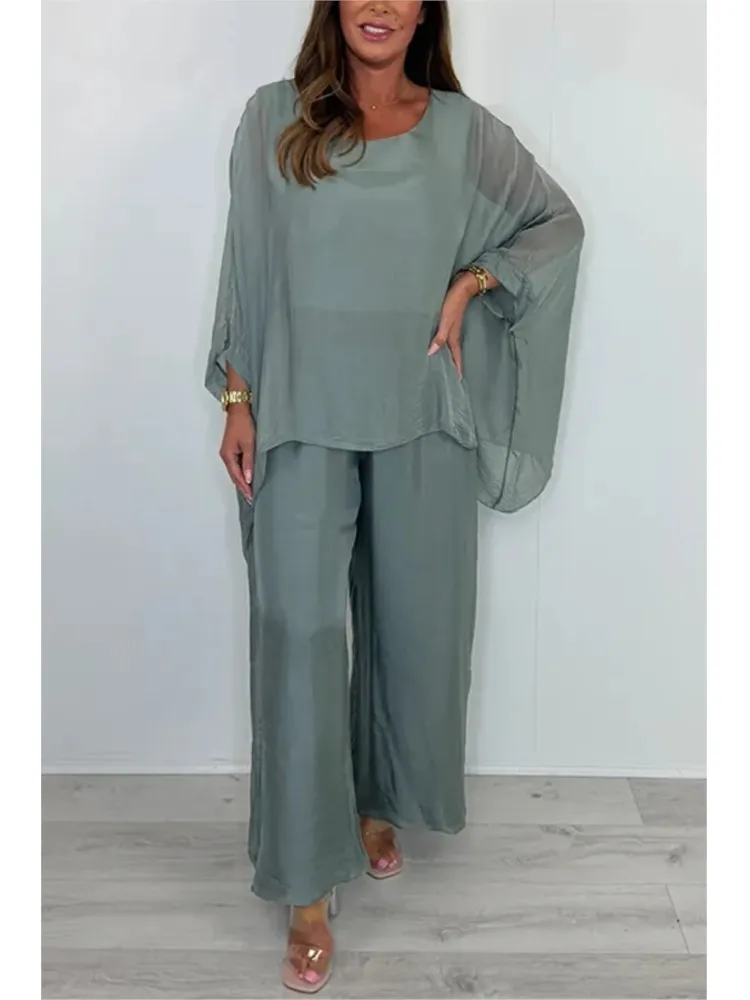 

Весенне-летний модный свободный шифоновый комплект из двух предметов, женский повседневный топ с круглым вырезом + длинные брюки, женский костюм из 2 предметов с рукавами «летучая мышь»