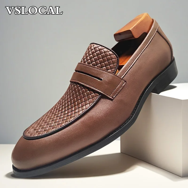 

Luxury Men Leather Shoes Black Coffee Slip On Weave Print Casual Mens Dress Shoes Wedding Office Banquet Loafers For Men
