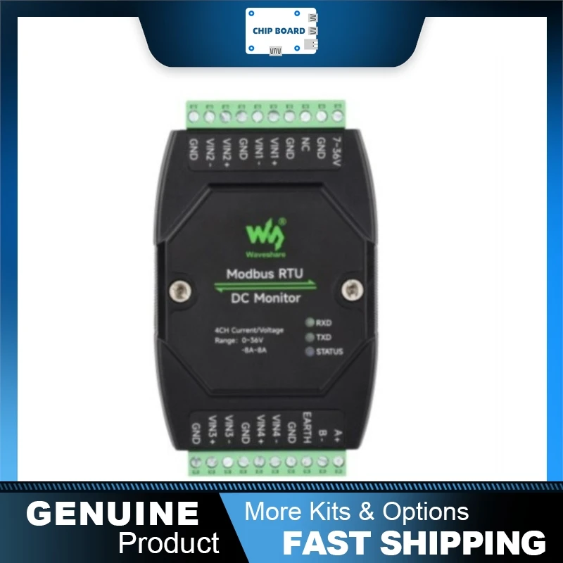 

Модуль сбора данных постоянного тока Waveshare, 4-канальный, 16-битный, высокоточный, с измерением напряжения и тока, связь Modbus RTU