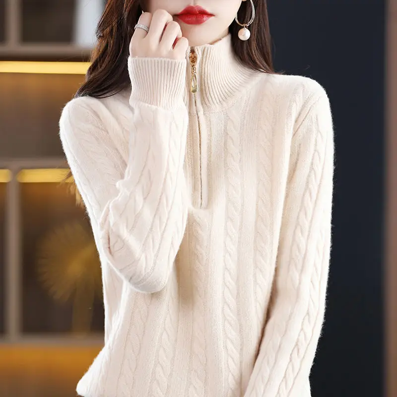 Autumn and Winter Women\'s Solid Color Pullover Round Neck Zipper Long Sleeve Loose Fit Knitted Woolen Underlay Fashion Tops