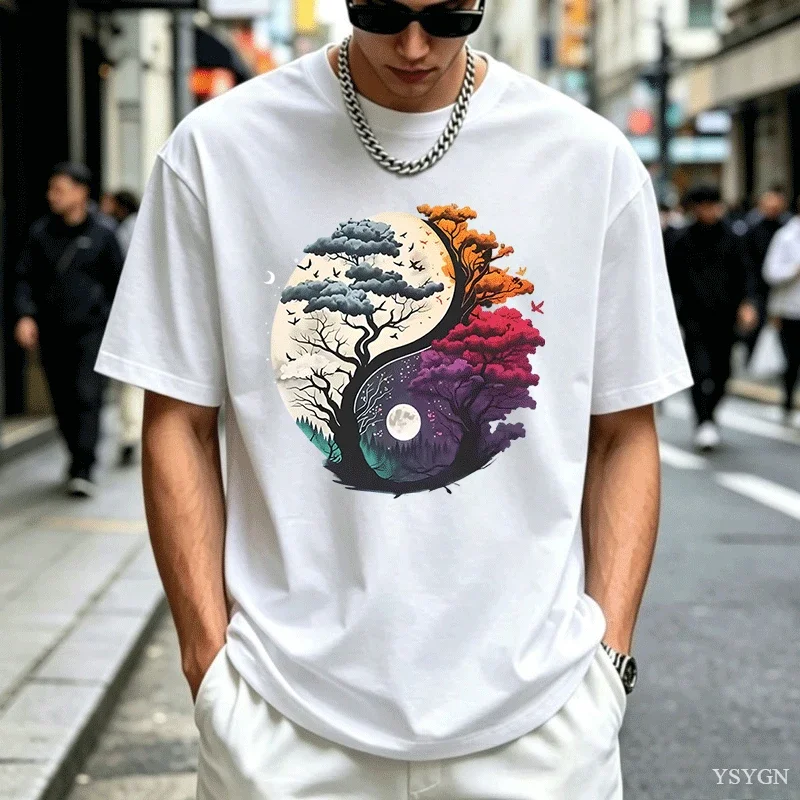Yin-Yang Nature-inspired Pattern Loose T-shirt Tree Design Moon and Flying Birds Printed Tshirts Nature Lovers and Outdoor Tops