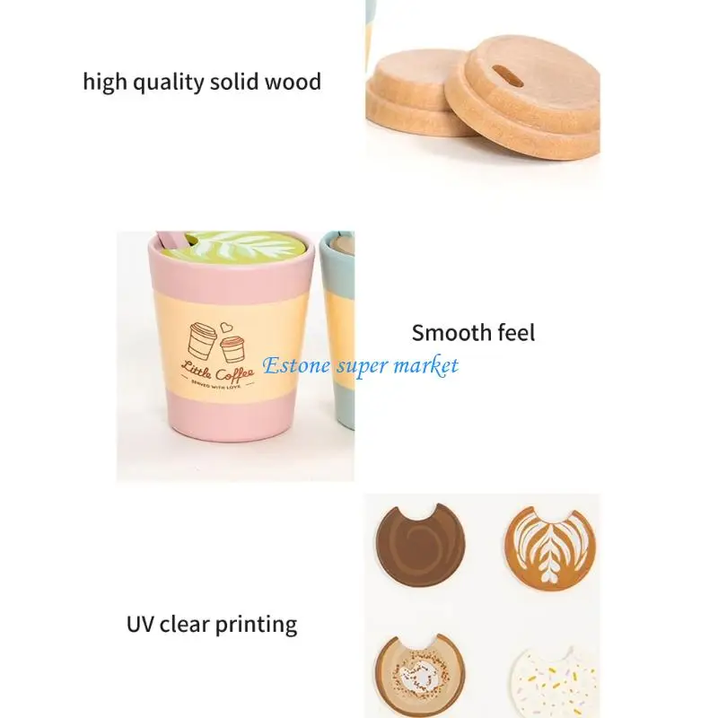 090B Imaginative Play Wooden Coffee Takeout Cup Set For Kids Social Skill Development