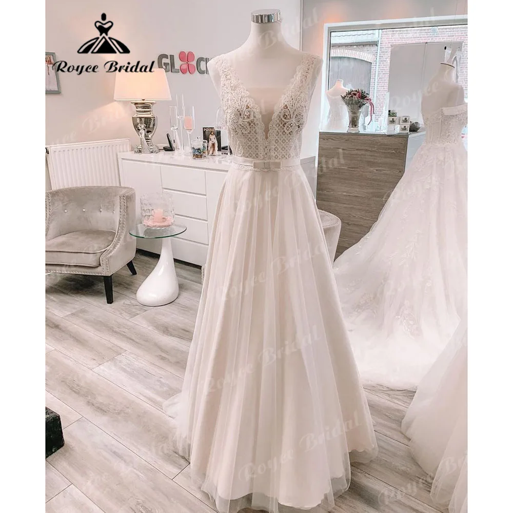 Elegant V Neck Lace Bodice V Neck Sleeveless A Line Boho Beach Wedding Dress Backless 2023 Bridal Gowns Women Custom Made Sexy