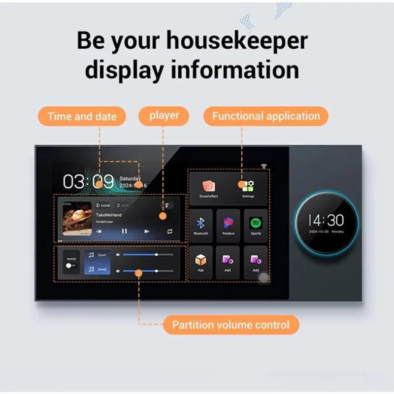 Inch Touch Screen Panel Wall Central Music Center Zigbee Gateway with 2 Different Music Zones Wired Speakers