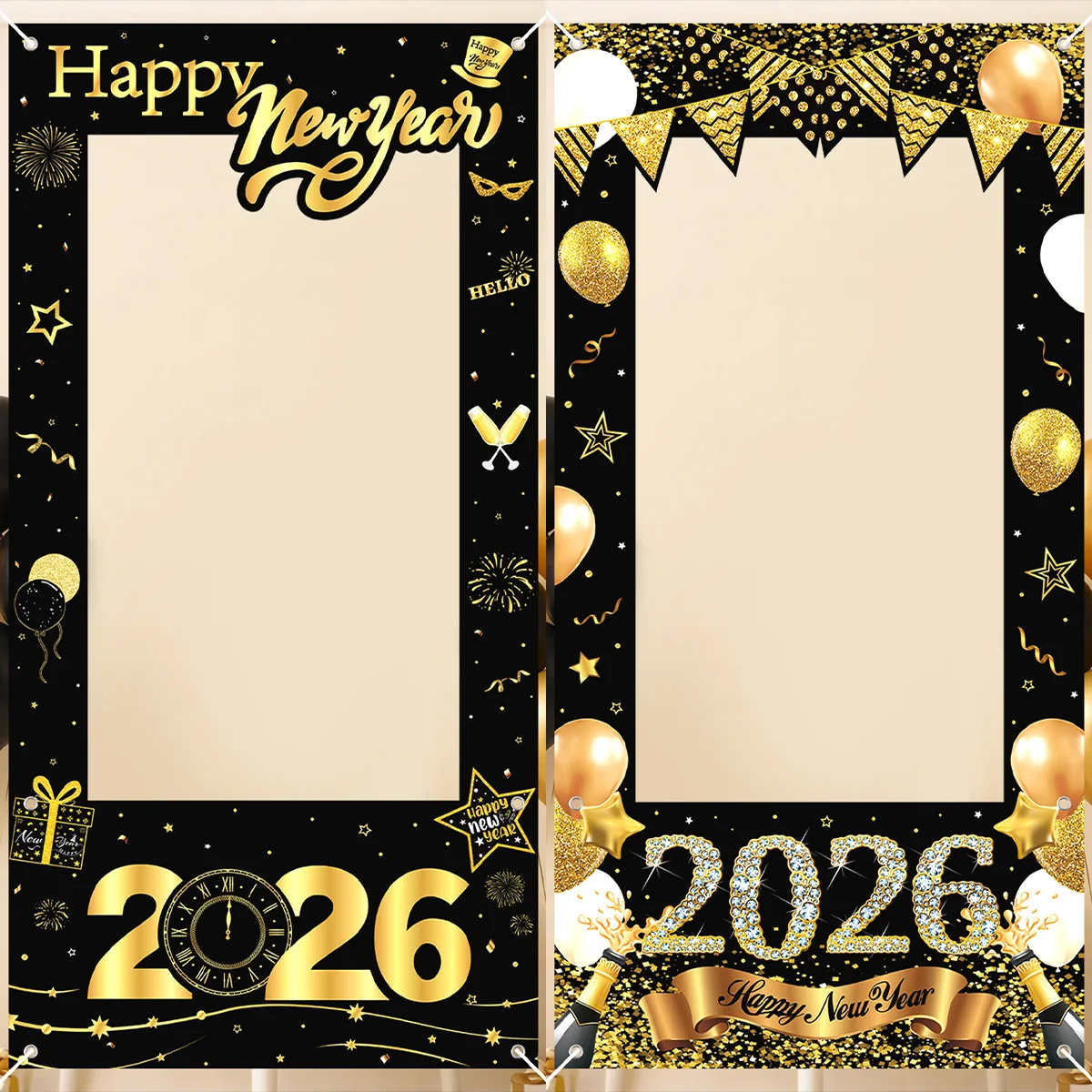 

2026 Happy New Year Photo Booth Frame Props Balloon Star Shooting Background Banner Star Sea Photo Props New Year Decoration