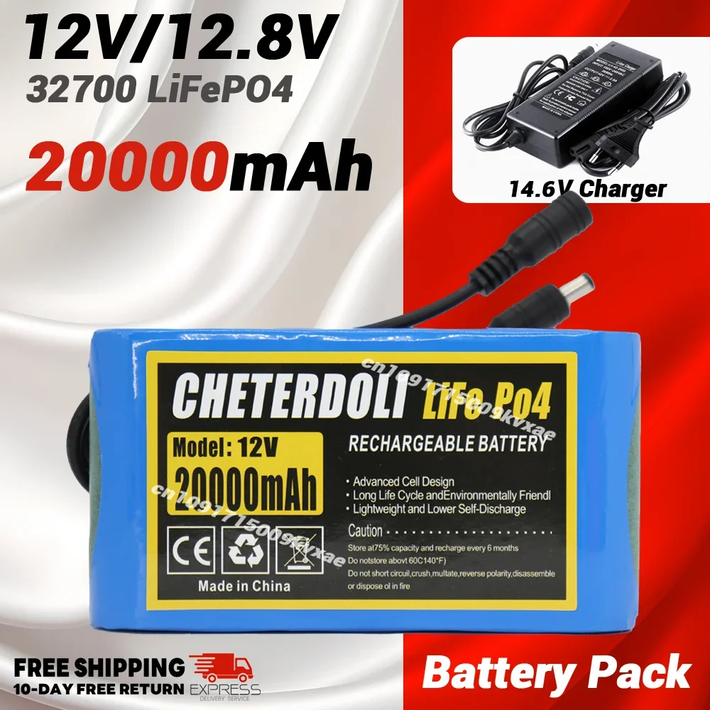 

12V 20Ah 32700 LiFePO4 Rechargeable Battery Pack Built-in 40A Same Port Balanced BMS 12.8V Power Supply + 14.6V Charger