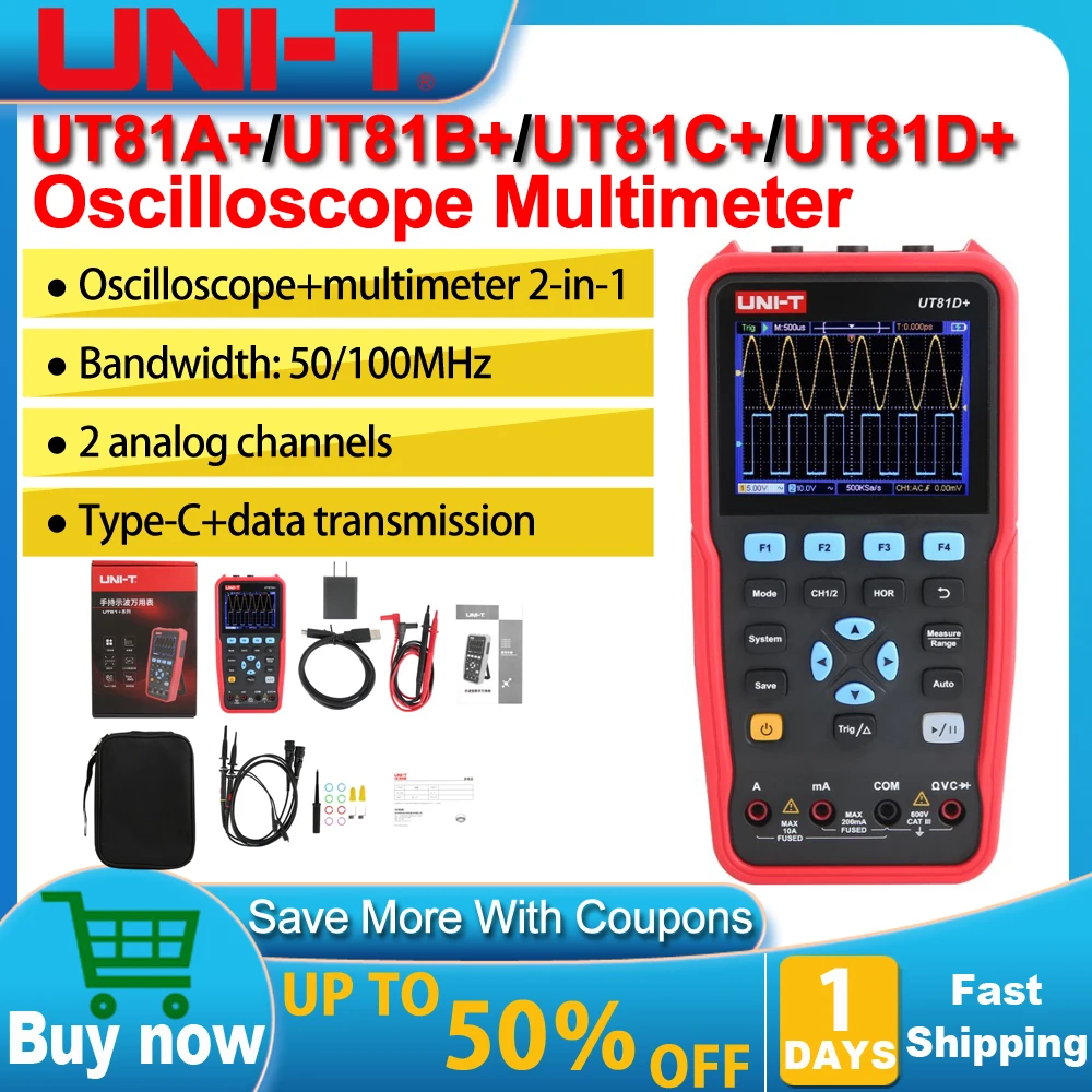 UNI-T UT81A + UT81B + multímetro de osciloscopio Digital UT81C + UT81D + generador de señal portátil 50MHZ 100MHZ canales duales