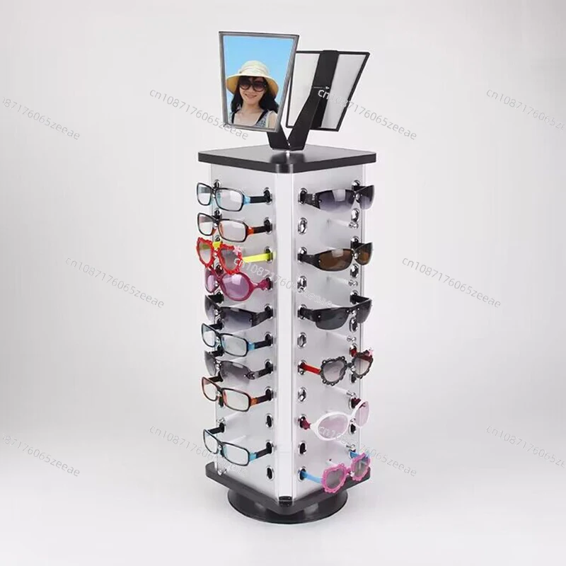 Freestanding 44 Pairs Glasses Display Stand Glasses Display Rack With Mirror 360° Rotating Eyewear Sunglasses Display Holder