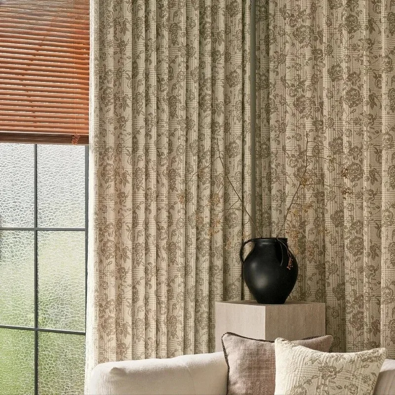 French Retro Milk Tea Extremely Jacquard Splicing Thick Chenille Curtains for Living Room Bedroom Partition Curtains Customized