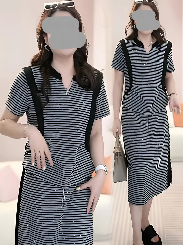 

Summer 2026 Retro Slim Fit Glittering Rhinestone Stripe Color Block Short Sleeve Top Half Skirt Set Heavy Work Fashion Women'...