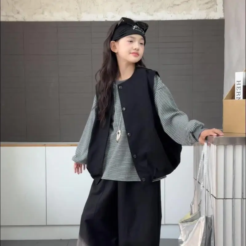 

Kawaii Girl Fashion Bottom Layer Shirt Vest Pants Student Autumn Cartoon Casual Tops Long Pants 3-Piece Set Children's Clothing
