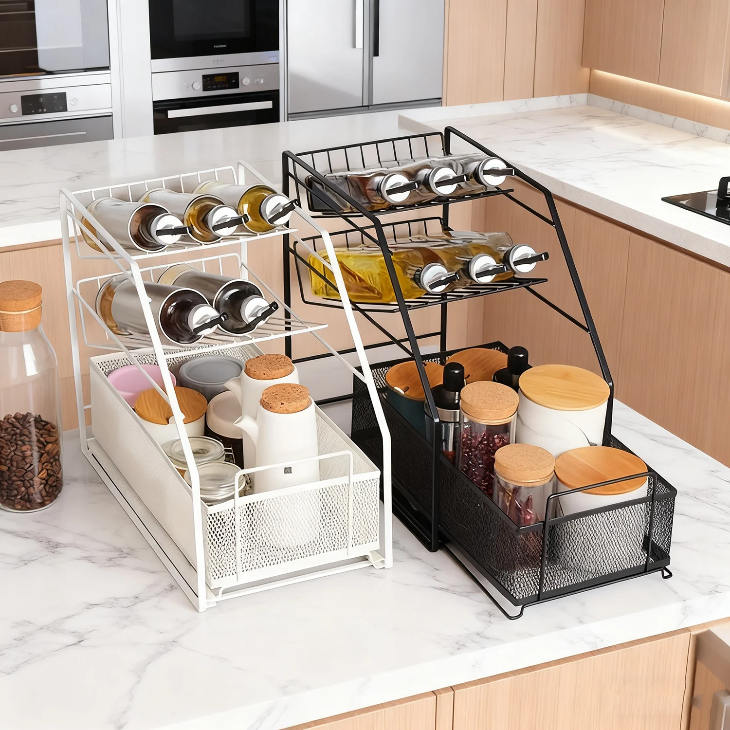 

3-уровневый выдвижной кухонный органайзер для экономии места, многофункциональная железная стойка для хранения вещей для шкафа, раковины, столешницы, ванной комнаты, гостиной