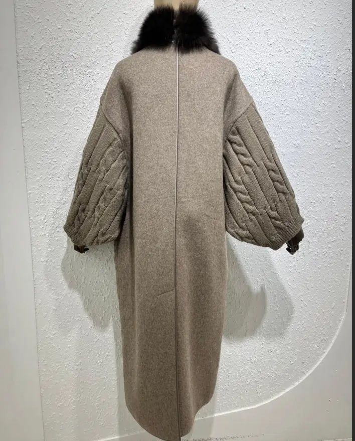 New Luxury Winter Real Natural Fox Fur Collar Woolen Blends Knit Long Overcoats Women Loose Warmth Cashmere Fur Jacket